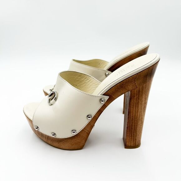 Gucci Horsebit White Mules Platform Leather Wooden Heels Sandals 38.5, 8.5 - Picture 6 of 15